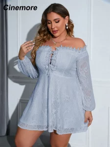 Cinemore Plus Size Dresses for Women Sexy Off Shoulder Lace Up A Line Mini Lace Dress Chic Elegant Woman Dress Long Sleeves 1102 - Image 2