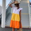 WYBLZ Summer Elegant Patchwork Hit Color Dress Women O Neck Short Sleeve Oversized Casual Midi Dresses Female Sundress Clothes - Image 5