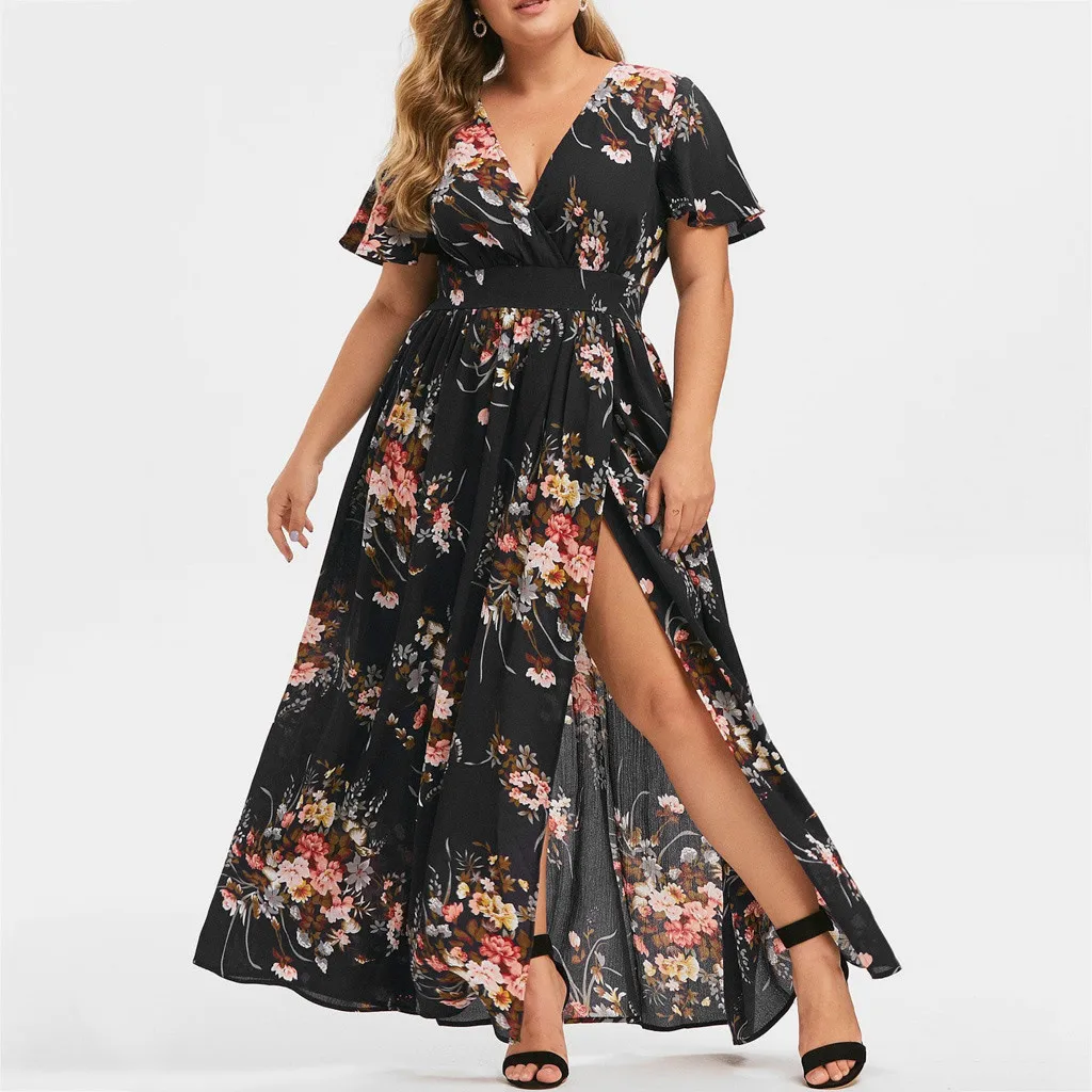 Floral Printed Short Sleeve Boho Maxi Dress Vintage Summer Plus Size Dresses For Women 5XL Elegant V Neck Sundress Vestidos - Image 2