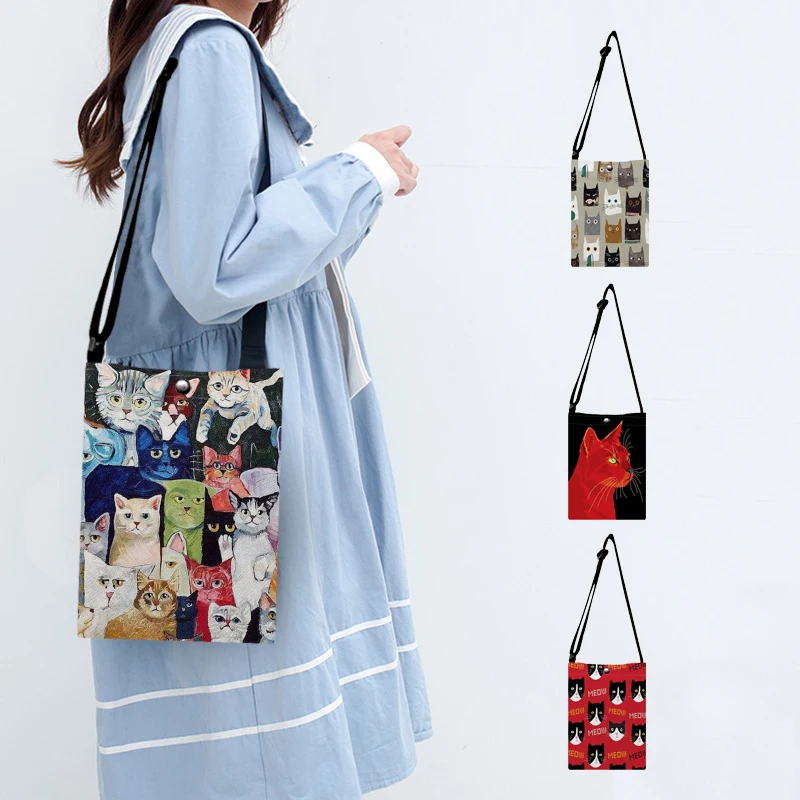 Cute Kawaii Cartoon Cat Print Women Small Shoulder Bags Design 2021 Ladies Crossbody Bag Canvas Flap School Bag Gift Girls