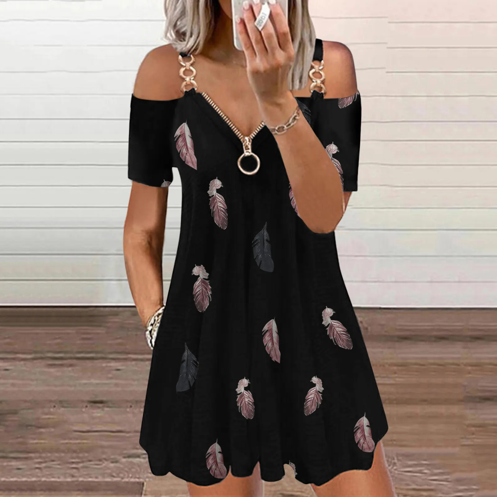 Feather Printed Short Sleeve Women Dress V-Neck Strap Open Back Zipper Dress For Women 2021 Fashion Plus Size Dresses For Women