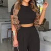Summer Elegant Women Two Piece Set Fashion O-Neck Slim Tops And Wide Leg Pants Suits For Ladies Casual Floral Print Chic Outfits - Image 5