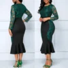 vestidos Dresses For Women 2021 Elegant Lace Patchwork Color Block Long Sleeve Fishtail Hem Bodycon Midi Dresses Party - Image 2