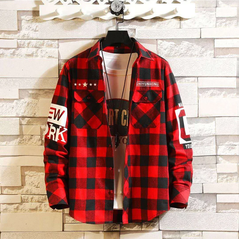 Men's Streetwear Thick Shirts Men Clothing Harajuku Color Block Plaid Shirt Long Sleeve Male Vintage Korean Fashions Clothes