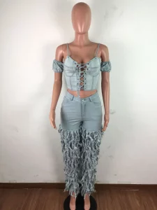 BKLD New Ladies Stacked Jeans Multilayer Tassel Washed Pants Women High Waist Denim Trousers Fashion Bodycon Party Clubwear - Image 2