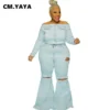 CM.YAYA Plus Size Jeans Solid Mid Waist Zipper Ripped Hole Skinny Long Flare Denim Pants Fashion High Streetwear Autumn 2021 - Image 6