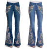 Spring Women Plus Size Multicolor Boho Floral Embroidery Long Flare Jeans 3XL 4XL Highstreet Wide Leg Bell-bottom Denim Pants - Image 3