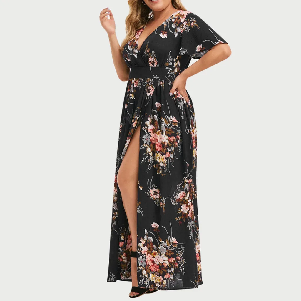 Floral Printed Short Sleeve Boho Maxi Dress Vintage Summer Plus Size Dresses For Women 5XL Elegant V Neck Sundress Vestidos - Image 3
