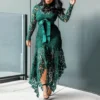 70% Hot Sell Women Long Sleeve Bow Belted Irregular Hem Hollow Lace Sexy Bodycon Long Dress - Image 5