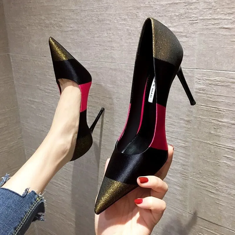 Colorblock Striped High Heels Pointed Toe Sexy Stiletto High Heels Ladies Boat Shoes Wedding Shoes Mary Jane Shoes