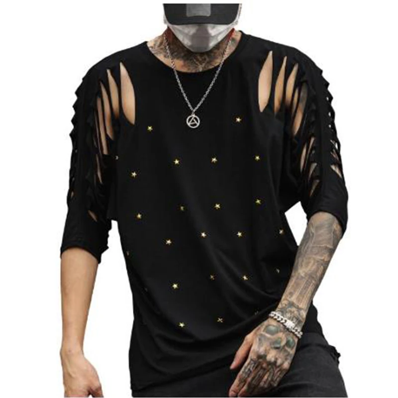 Men summer hollow out sexy half sleeve oversized t shirt rivet punk rock hip hop tee shirts nightclub DJ singer stage costume