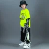 Kids Fashion Hip Hop Clothing Oversize Green Hoodie Streetwear Black Cargo Shorts For Girls Boys Jazz Dance Costume Clothes - Image 2