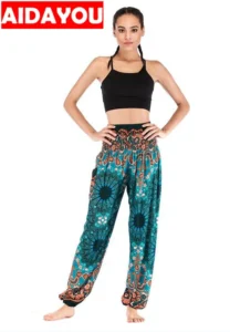 Womens Harem Bohemian Pants Vintage Print loose fit Boho Hippie high waist Smocked Waist Beach Trousers Pants ouc3301 - Image 2