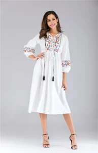 Fashion Ukrainian Embroidered Midi Dress Vyshyvanka Lace Up Boho Ethnic Summer Femme Women Hippie Dresses Hoilday Vestidos Gowns - Image 2