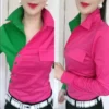 Oblique Placket Chic Color Matching Blouses Women Shirt Lapel long sleeve Patchwork Color Contrast Streetwear Female Blusa Shirt - Image 2