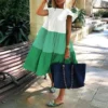 WYBLZ Summer Elegant Patchwork Hit Color Dress Women O Neck Short Sleeve Oversized Casual Midi Dresses Female Sundress Clothes - Image 2
