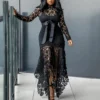 70% Hot Sell Women Long Sleeve Bow Belted Irregular Hem Hollow Lace Sexy Bodycon Long Dress - Image 4