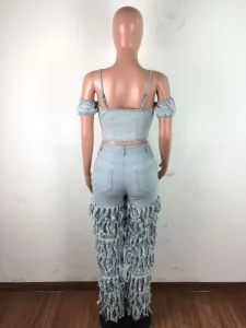 BKLD New Ladies Stacked Jeans Multilayer Tassel Washed Pants Women High Waist Denim Trousers Fashion Bodycon Party Clubwear - Image 4
