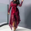 70% Hot Sell Women Long Sleeve Bow Belted Irregular Hem Hollow Lace Sexy Bodycon Long Dress - Image 6