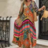 Charming Long Dress V-Neck Comfortable Retro Ethnic Print Large Hem Beach Long Dress Anti-fade Maxi Dress Female Clothes - Image 5