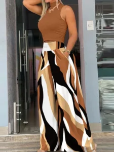 Sexy Sleeveless Print Crop Top And Pant Two Piece Sets Women 2023 Summer Casaul Wide Leg High Waist 2 Piece Sets Women Outfit - Image 2