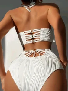 Vigoashely 2024 Ribbed Push Up Bikini Set High Wihst Halter Tied Swimsuit For Women Summer 2 Piece Beach Swimwear Bathing Suit - Image 2