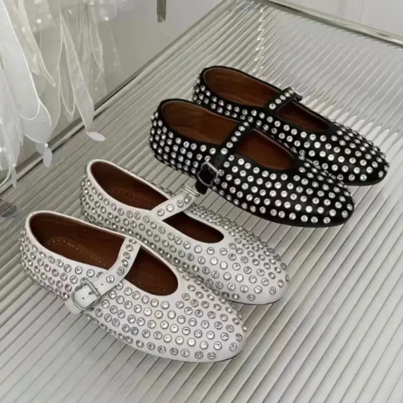 Stylish Studded Crystal Women Mary Jane Ballet Shoes Summer Mesh Hollow Sandals Laofers Casual Soft Leather Comfortable Flats