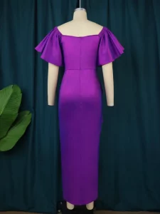 ONTINVA Purple Bodycon Dresses Plus Size Short Ruffles Sleeve High Waist Pleated Sexy Slit Midi Evening Cocktail Party Gowns 4XL - Image 4