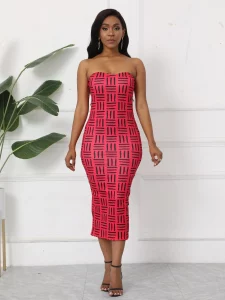 Casual Printed 2 Piece Set Women Spring Summer Mesh 2 Piece Outfit See Through Flare Sleeve Dress Strapless Bodycon Dress Suit - Image 5