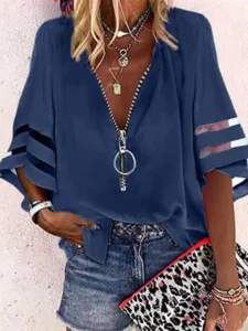 2023 Summer Shirt Sexy Lace Patchwork Flared Sleeve Mesh Solid Blouse Women Zipper V-Neck Loose Casual Tops T-Shirt Streetwear - Image 3