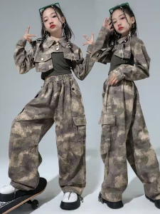 Hip Hop Girls Camouflage Cropped Jacket Cargo Pants Street Dance Clothes Set Kids Jazz Military Joggers Costume Child Streetwear - Image 5