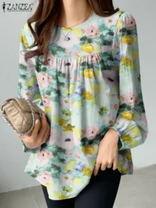 2024 ZANZEA Elegant Floral Printed Work Tops Bohemian Women Blouse Fashion Spring O Neck Long Sleeve Shirt Casual Holiday Blusas - Image 4