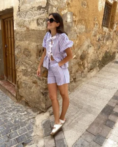 Summer Women Bow Lace Up Short Pants 2 Piece Sets Fashion Loose Striped Print Shirt Suit 2024 New Chic Lady Street Outfits - Image 2
