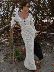 Tossy White Knit Fashion Cover up Maxi Dress Female See-Through V-Neck Hollow Out Beach Holiday Dress Knitwear Backless Dress - Image 3