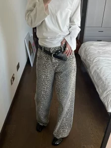 American Washed Leopard Print Wide Leg Jeans for Women Retro Street Distressed New Harajuku Style Hottie Baggy Y2K Casual Pants - Image 4
