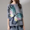 Colorful butterfly printed pleated short top gray T-shirt for women chinese style clothes dress sleeves for women - Image 4