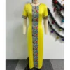 Yellow Printed African Dresses For Women 2024 New Arrival Summer Fashion Hollow Stretch Short Sleeve Long Dress Ankara Robes - Image 4