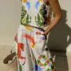 2024 NEW Women Print Suit Sleeveless Crop Top Loose Long Pants 2 Pieces Set Lady Spring Summer Hawaii Beach Casual Outfits