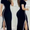 Women Sport Solid Dress Short Sleeved Round Neck Side Split Long Dresses Slim Fit High Waist Casual Ladies 2023 Autumn