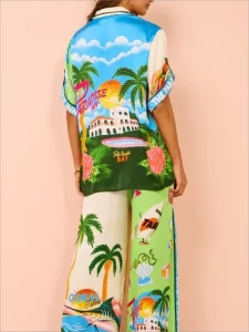 Women Holiday Casual Printed Coconut Trees Short Sleeve Shirt Blouse Top Loose Long Pants 2 Piece Set Summer Beach Outfits Suit - Image 5