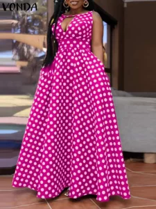 VONDA Bohemian Sundress 2024 Summer Women Polka Dot Maxi V Neck Hollow Sleeveless Sexy Dress Casual Elegant Party Robe Femme - Image 2