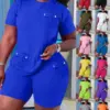 Women Two Piece Shorts Sets Solid Round Neck T Shirts Pockets Elastic Waist Short Trousers Suits Leisure Ladies 2023 Summer