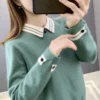2023 New Autumn Winter Contrast Color Doll Collar Long Sleeve Sweater Women Casual Loose Button Pullovers Patchwork Tops - Image 4