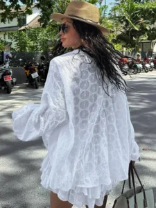 White Long Sleeved Shirt Jacket Shorts Sets Summer Female Stand Collar Single Breasted Suits Casual Vacation Casual Beachwear - Image 3
