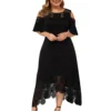 Plus Size Women Dress Flare Short Sleeve Cold Shoulder Embroidery Elegant Dress Party Lace Patchwork High-low Hem Dress Summer - Image 4