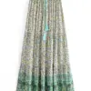 Vintage Chic Fashion Hippie Women Beach Bohemian Green Floral Print Pleasted Skirt Elastic Waist A-Line Boho Maxi Skirts Femme