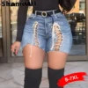 Plus Size Sexy White Blue Hollow Out Denim Shorts 4XL Summer Women High Waist Ripped Tassel Short Jeans Lace Up Bandage Hotpants - Image 3