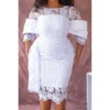 Plus Size White Daily Round Neck Lace Midi Dresses - Image 5