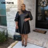 CM.YAYA Plus Size Women Half Length Black Faux Leather PU A-line Knee Length Dress for Winter Spring Streetwear Basic Dresses - Image 4