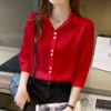 Female Clothing Commute 3/4 Sleeve Blouse Solid Color All-match 2023 Spring Summer Lapel Stylish Single-breasted Korean Shirt - Image 2